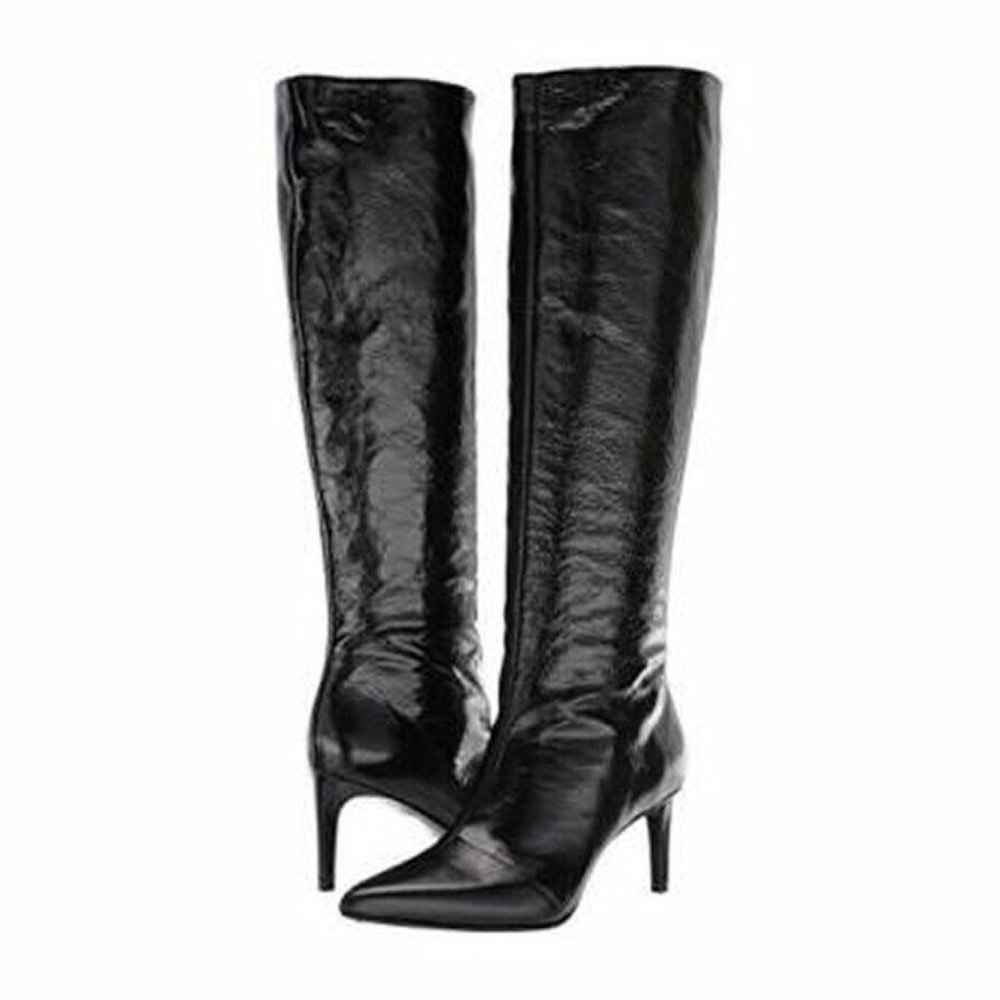 rag & bone Black Leather Knee-High Pointed-Toe Stiletto Boots